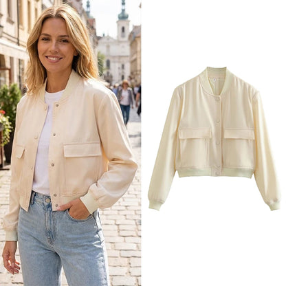 Women's Bomber Jacket – Solid V-Neck Single Breasted Coat with Pockets
