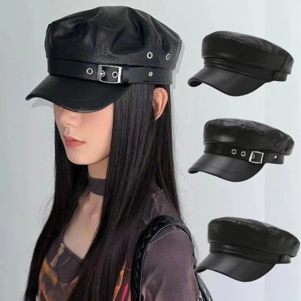 PU Leather Military Cap – Flat Top Sailor Beret with Chain Detail