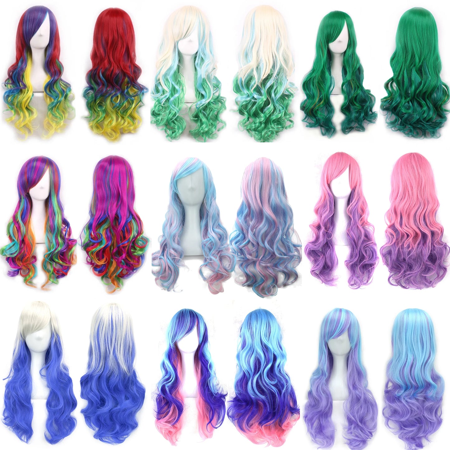 Soowee Synthetic Hair Ombre Rainbow Cosplay Wig Bangs Red Yellow Purple Green Blue Wigs Black Women