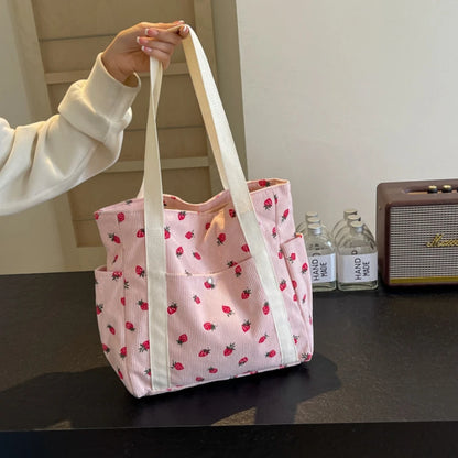 Corduroy Strawberry Print Tote Bag – Cute Shoulder Bag