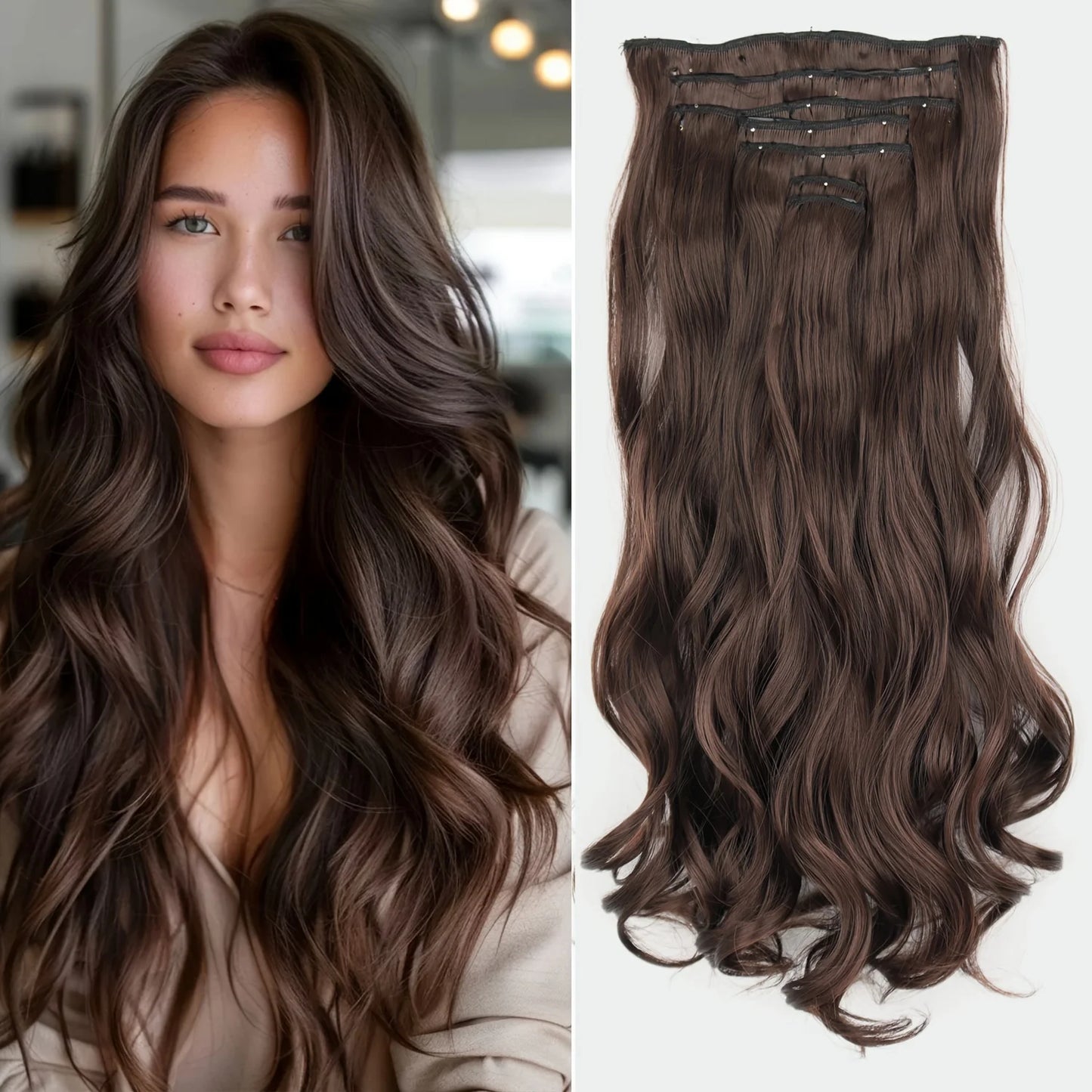 Clip-In Hair Extensions 7pcs 16 Clips Wavy Synthetic 24 Inch