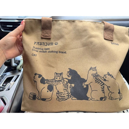 Canvas Tote Bag for Women – Large Cute Cat Print with Zipper