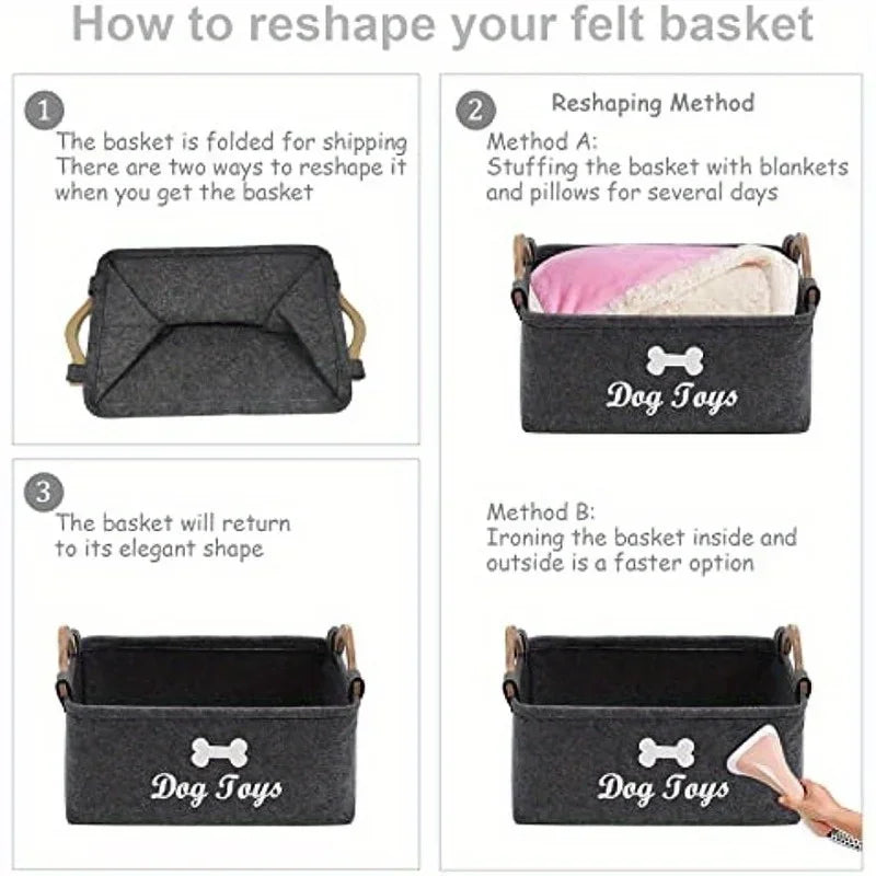 Dog Toy Storage Basket – Felt Organizer Bin with Handles