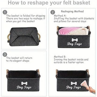 Dog Toy Storage Basket – Felt Organizer Bin with Handles