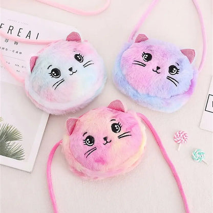 Kids Cute Cat Plush Crossbody Bag – Rainbow Mini Purse