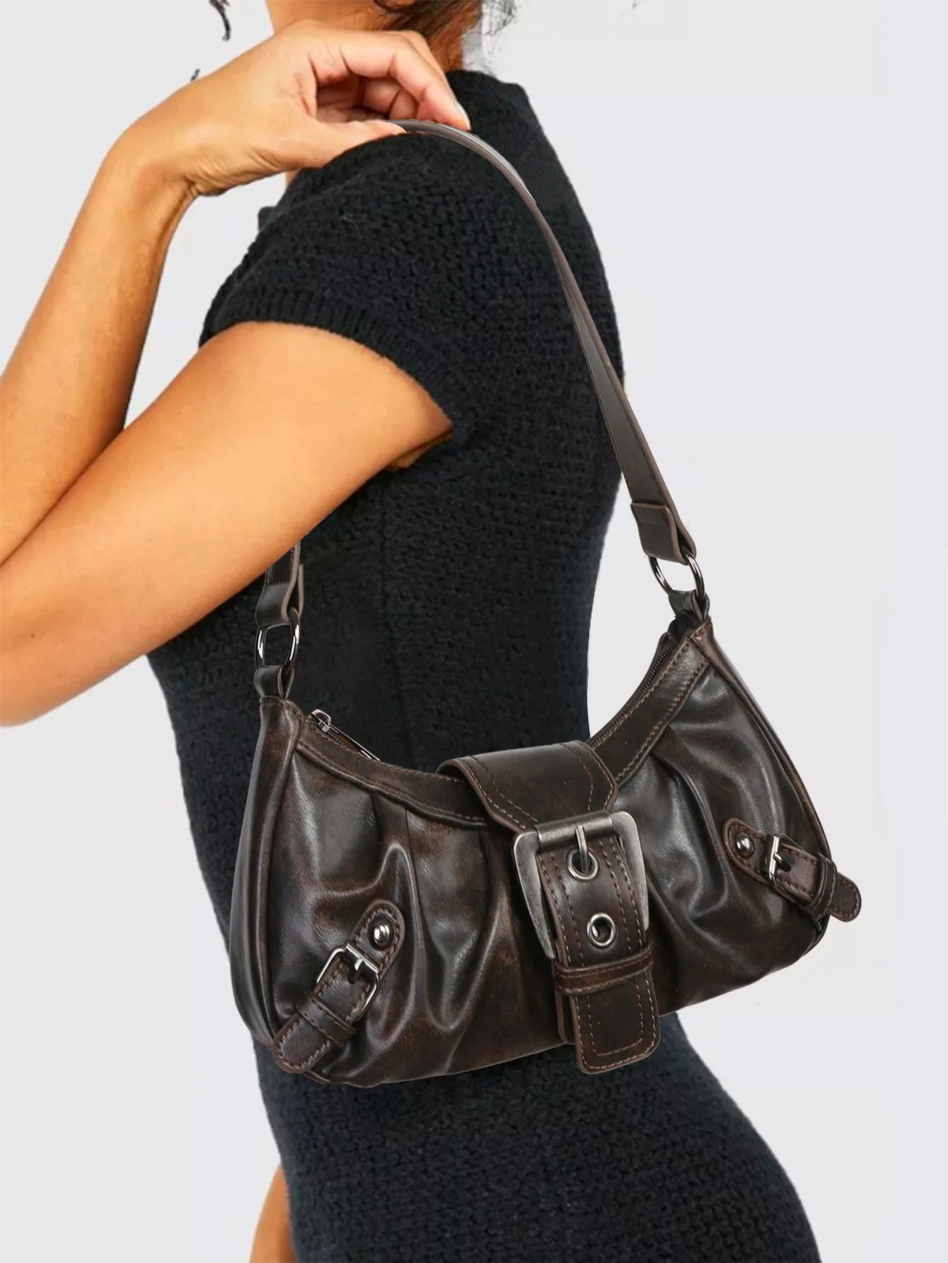 Retro Y2K Leather Shoulder Bag Women's Vintage Hobo Purse