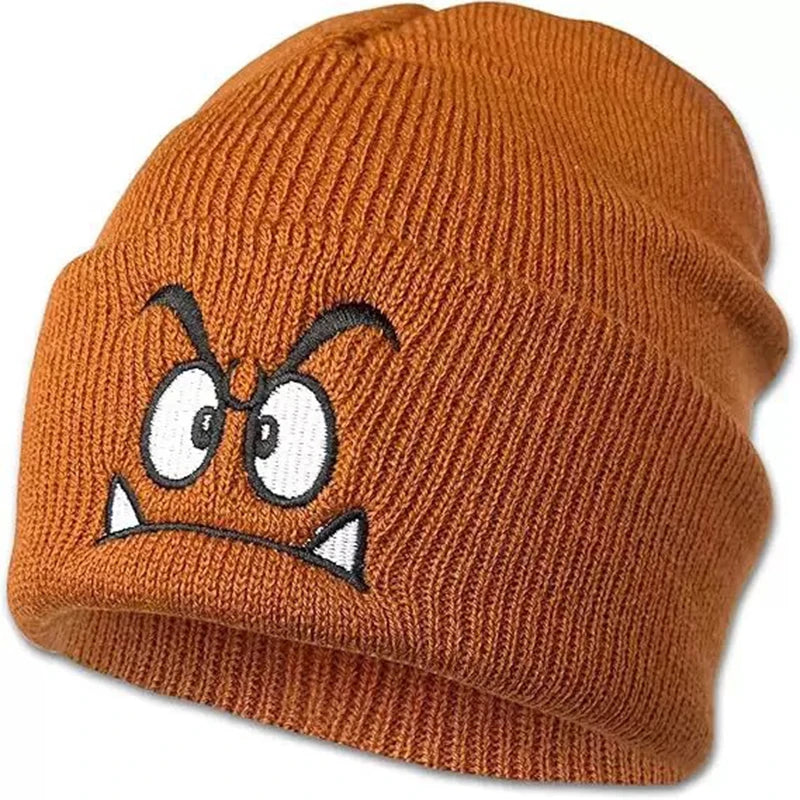 Funny Face Embroidered Knit Beanie – Warm Brimless Pullover Hat