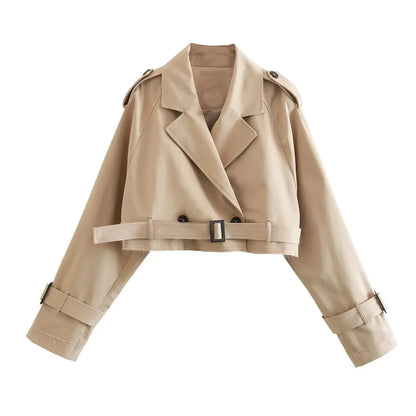 Cropped Trench Jacket for Women – Double Breasted Belt Coat