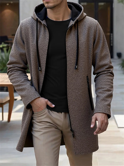 Men's Hooded Knit Cardigan Long Jacket – Casual Zip-Up Coat