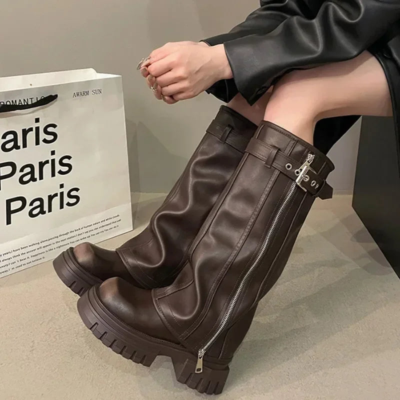 Women's Platform Knee-High Biker Boots with Belt Buckle