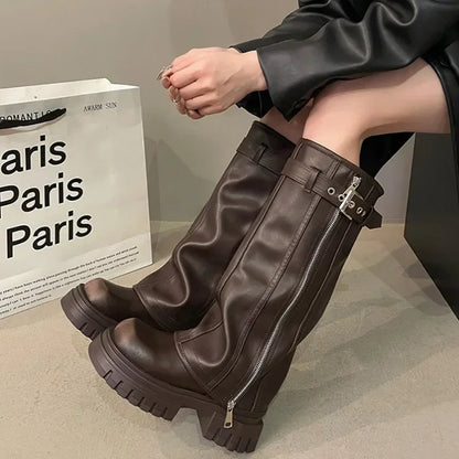 Women's Platform Knee-High Biker Boots with Belt Buckle