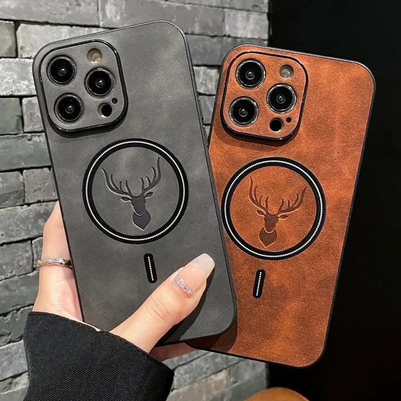 Magnetic Wireless Charge Phone Case Iphone 16 15 14 13 12 11 Pro Max Deer Head Leather Soft