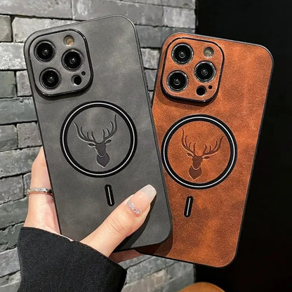 Magnetic Wireless Charge Phone Case Iphone 16 15 14 13 12 11 Pro Max Deer Head Leather Soft