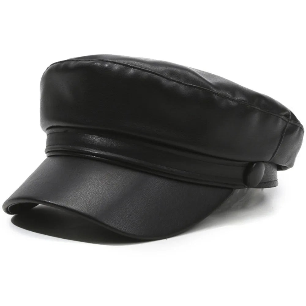 PU Leather Military Cap Women Flat Top Beret with Chain Detail