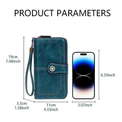 RFID Blocking Leather Long Wallet – Large Capacity Zipper Clutch