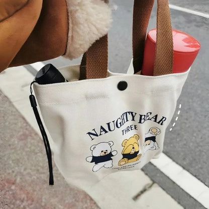 Canvas Tote Bag Women's Cute Bear Print Small Handbag