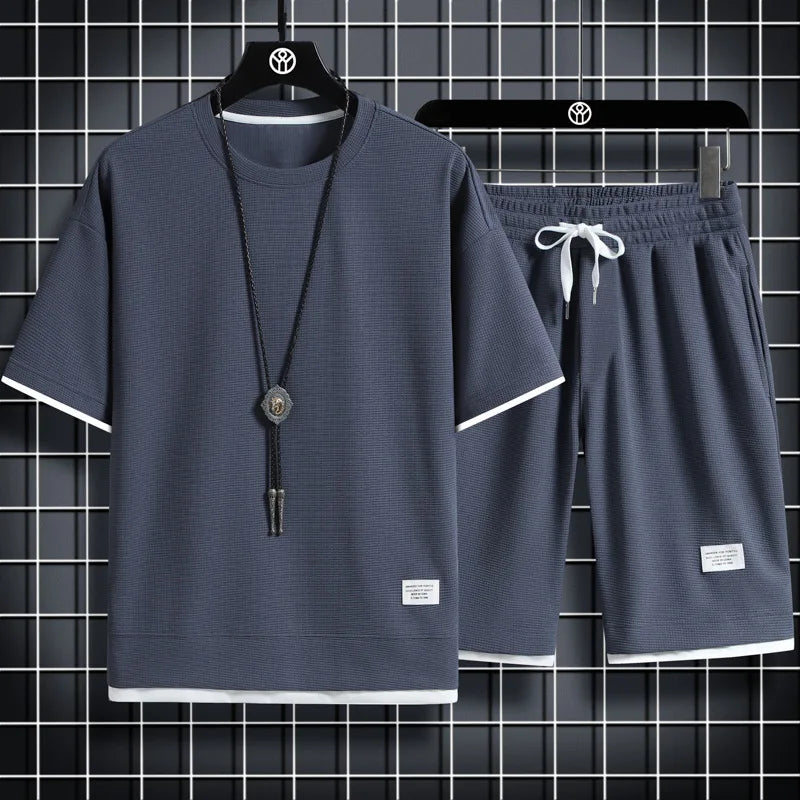 Men's Waffle Texture T-Shirt & Shorts Set