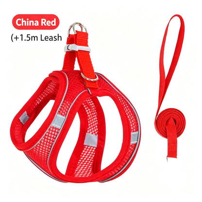 Small Dog Harness & Leash Set – Adjustable Mesh Vest with Reflective Strips