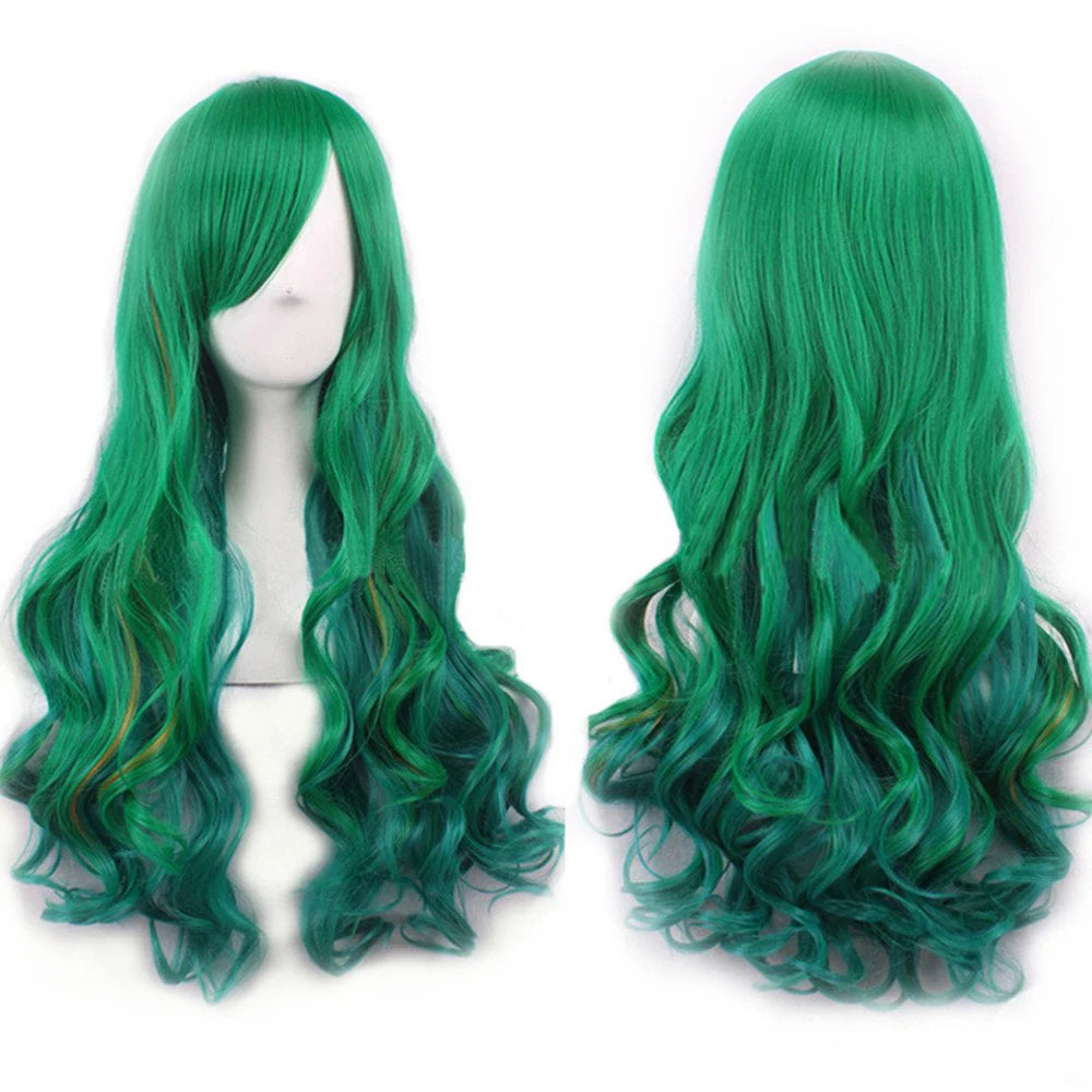 Soowee Synthetic Hair Ombre Rainbow Cosplay Wig Bangs Red Yellow Purple Green Blue Wigs Black Women