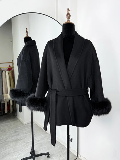 Women's Fox Fur Woolen Short Coat – Double-Sided Wool