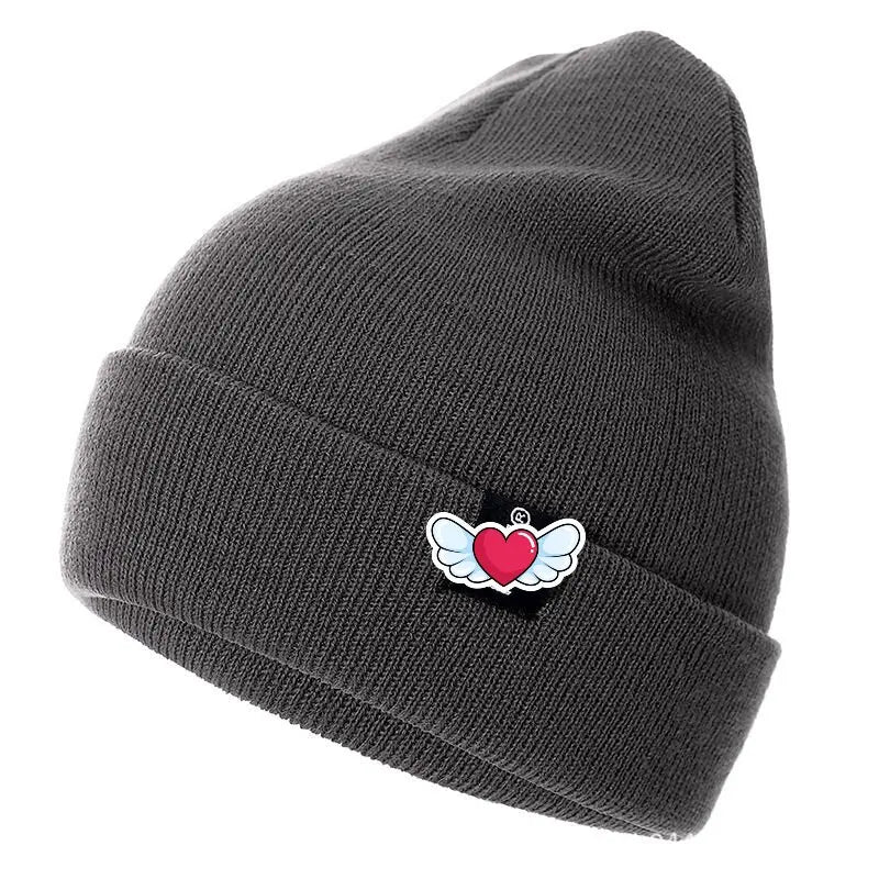 Winter Knit Beanie with Heart Wing Embroidery – Warm Cuffed Hat