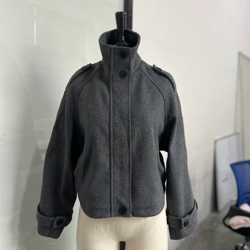 Women's Short Woolen Coat – Stand Collar Zip Jacket