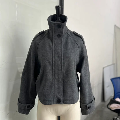 Women's Short Woolen Coat – Stand Collar Zip Jacket