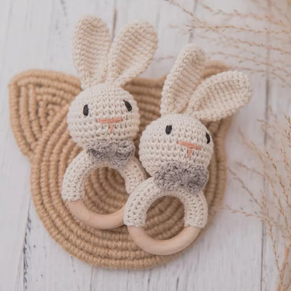 Baby Crochet Rattle & Wooden Teether Toy – BPA-Free Animal Ring