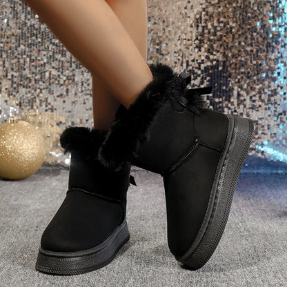Snow Boots for Women – Fluffy Bow Flat Winter Ankle Boots with Plush Lining