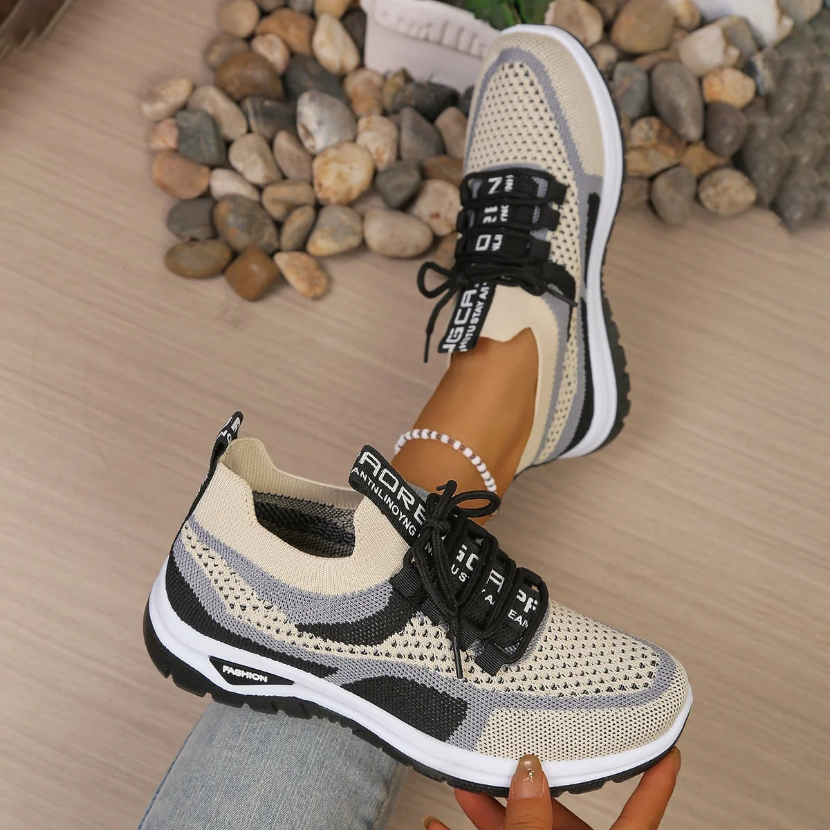 Women's Two-Tone Mesh Knit Sneakers – Casual Lace-Up Fashion Shoes