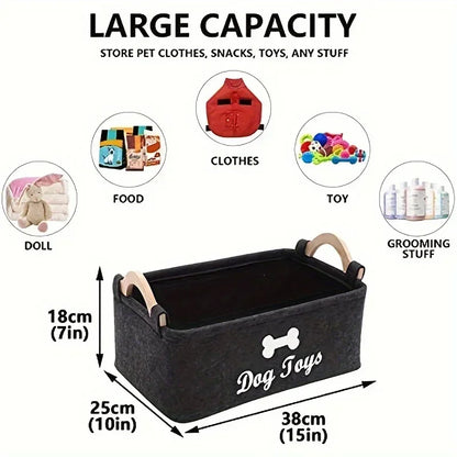 Dog Toy Storage Basket – Felt Pet Toy Box with Wooden Handles