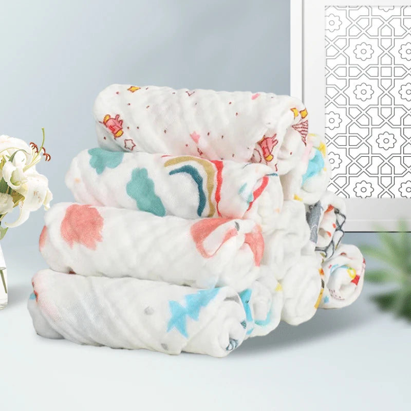 Kids Cotton Washcloths – 6-Layer Printed Square Towels 25cm, 5pcs