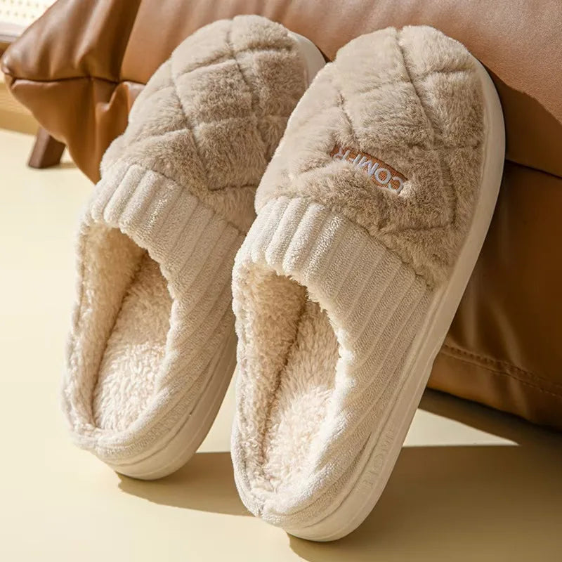 Women S Casual Home Slippers Soft Bottom Plush Anti-Slip Thermal Indoor Winter Men Flats Slip - Soft