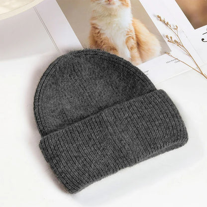 Women's Rabbit Fur Knit Beanie – Warm Solid Color Winter Hat