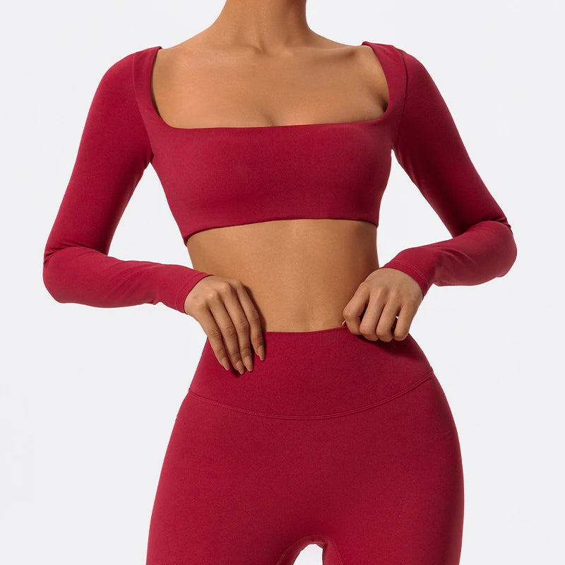 Women's Square Neck Long Sleeve Crop Top – Quick Dry Gym Sports Top