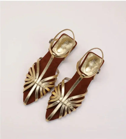 Women's Roman Strappy Sandals – Pointed Toe Low Heel T-Strap