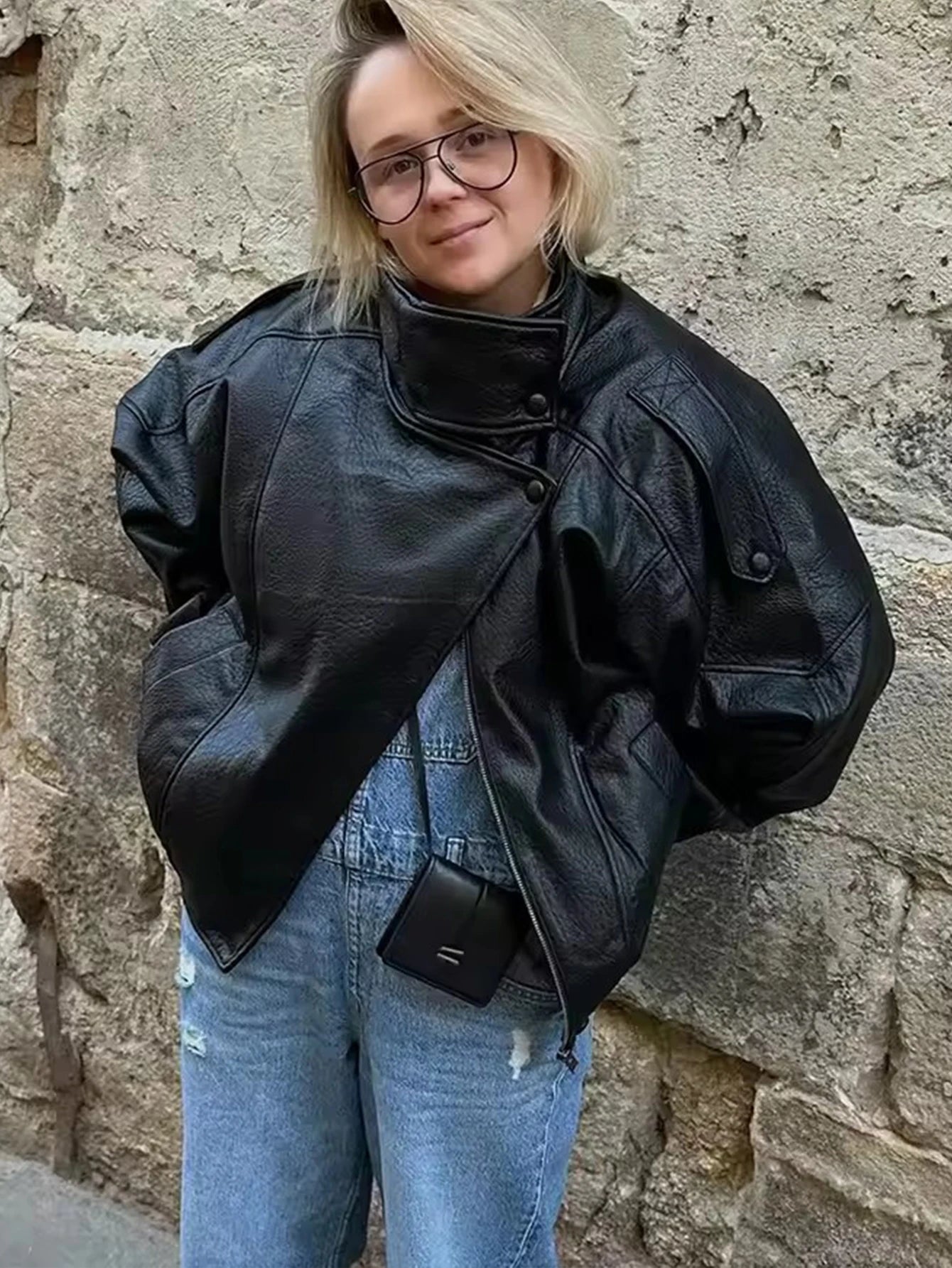 Women's Oversized Faux Leather Jacket – Long Sleeve Button Coat