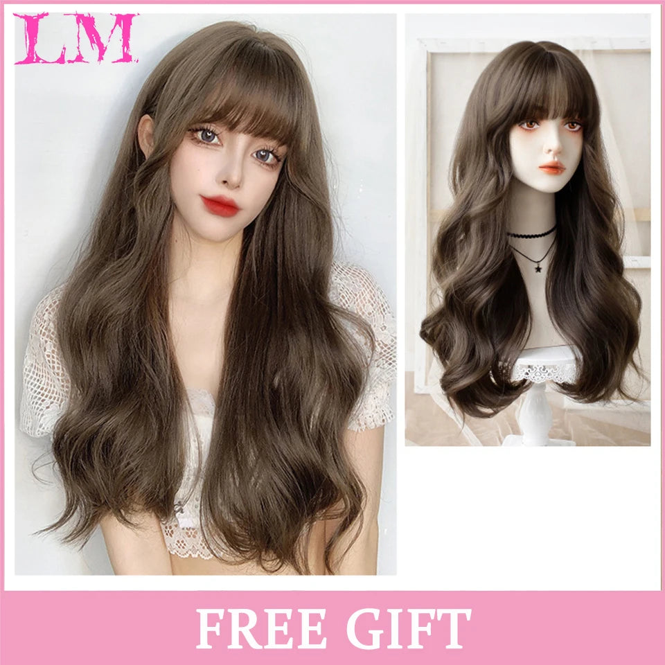 Lm Cosplay Wig Bangs Synthetic Straight Hair 24 Inch Long Heat-Resistant Pink Women