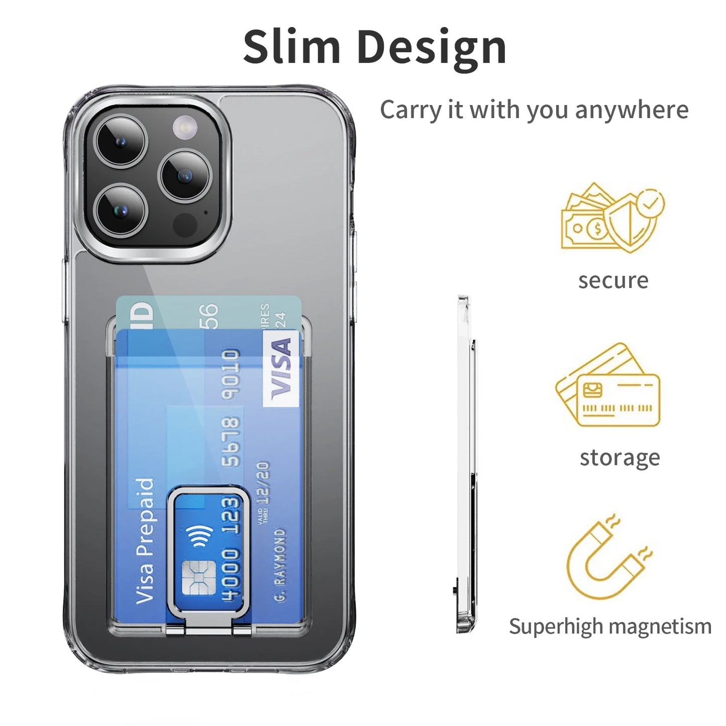 Strong Transparent Magnetic Magsafe Card Wallet Metal Stand Holder Clear Case Iphone Phone Back Bag