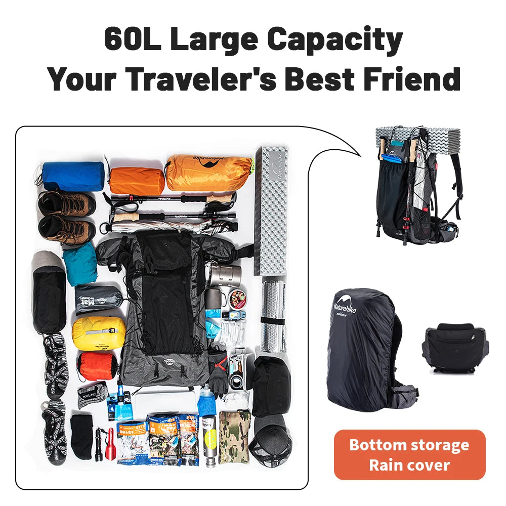 Naturehike 60+5L Waterproof Hiking Backpack – Ultralight Climbing Travel Bag