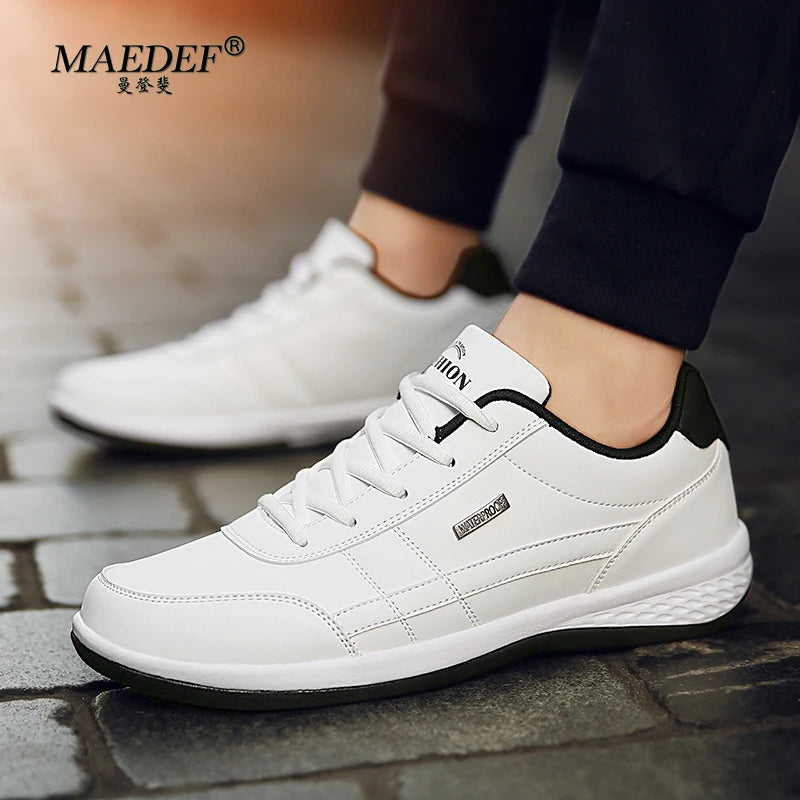 Men's Waterproof Leather Sneakers – Casual Lace-Up Vulcanized Shoes