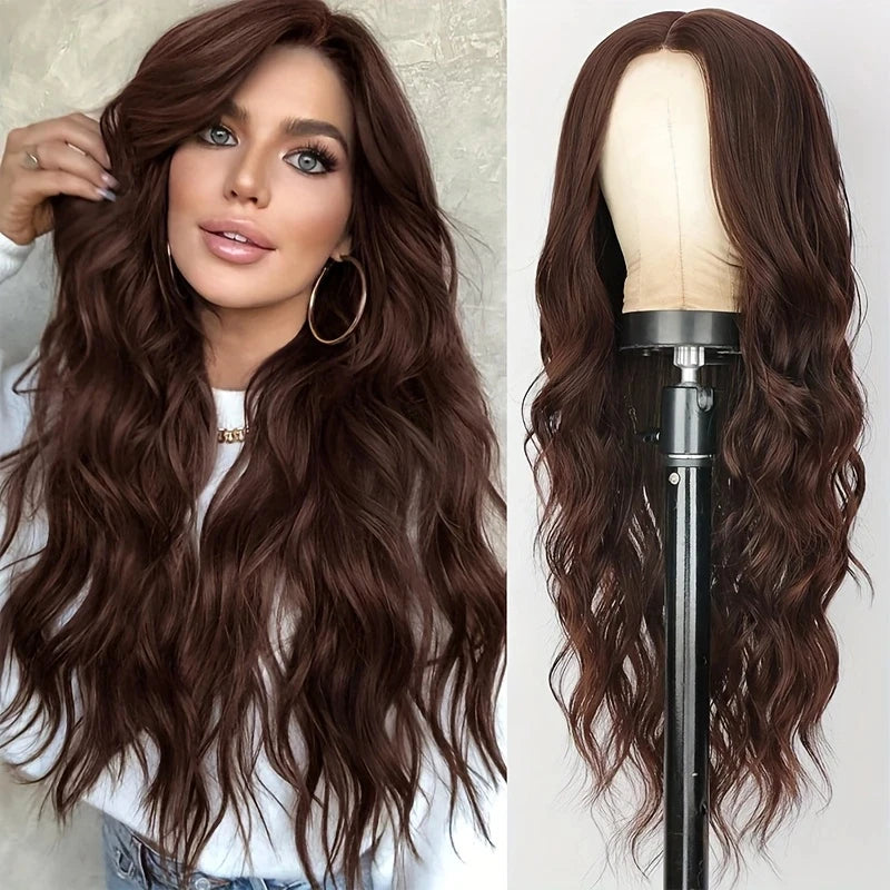 Long Wavy Synthetic Wig with Bangs – Heat Resistant Fiber