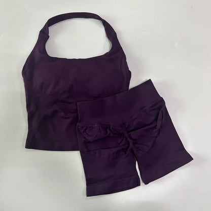 Women's 2-Piece Seamless Workout Set – Backless Tank Top & Scrunch Shorts
