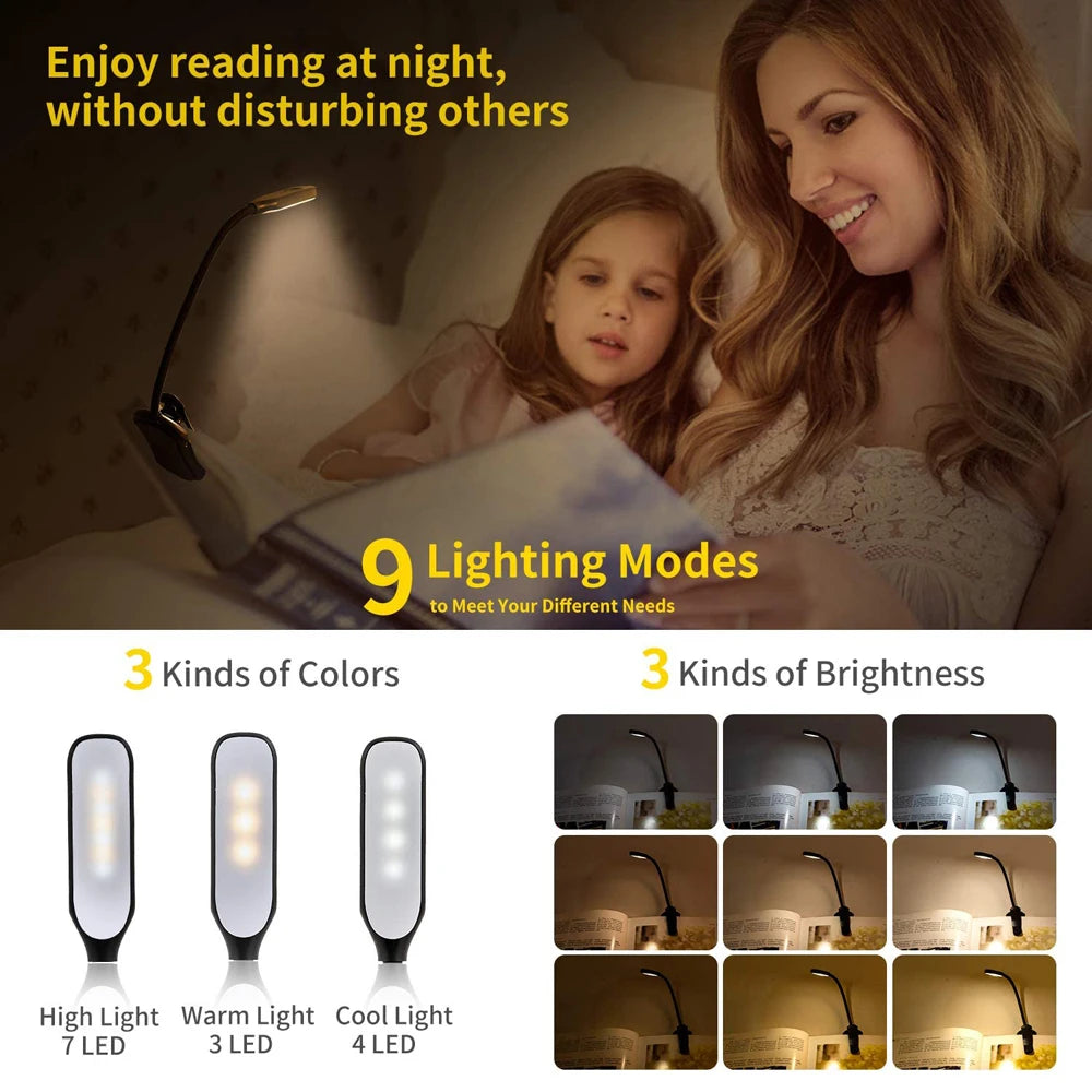 7 Led Book Light Usb Rechargeable Reading 3-Level Warm Cool White Daylight Portable Flexible Easy