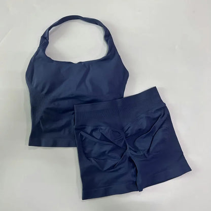 Women's 2-Piece Seamless Workout Set – Backless Tank Top & Scrunch Shorts