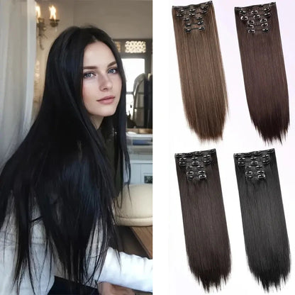 Clip-In Hair Extensions 6-Piece Set Long Straight Synthetic Seamless