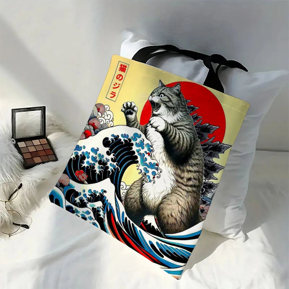 Catzilla Japanese Art Tote Bag – Reusable Canvas Shoulder Bag