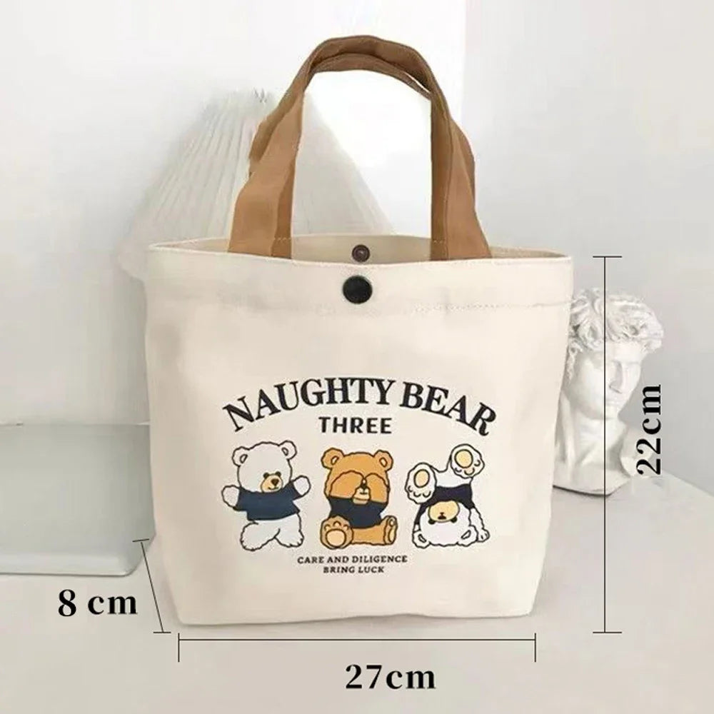 Canvas Tote Bag Women's Cute Bear Print Small Handbag