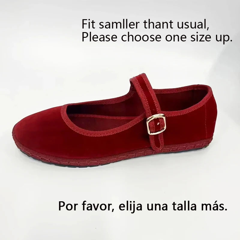 Velvet Mary Jane Flats – Women's Buckle Strap Ballet Shoes