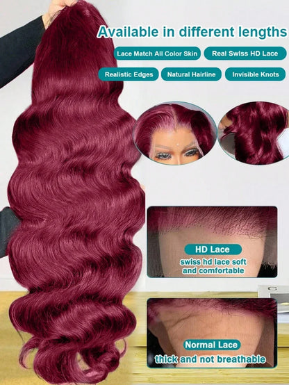 30 32 Inch Burgundy Wig Human Hair 250 Density 99j 13x4 Hd Body Wave Lace Front Wigs Pre Plucked
